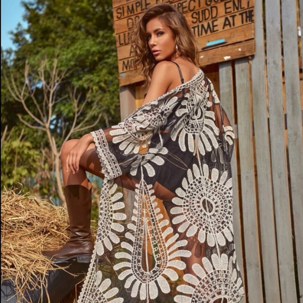 Boho Embroidered Lace Black Mesh Tie Front Kimono Duster Robe New 🌵